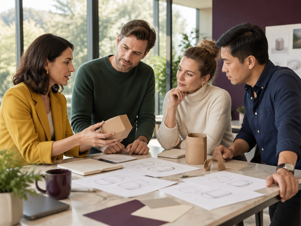 A team collaborating on new product ideas with sketches and prototypes