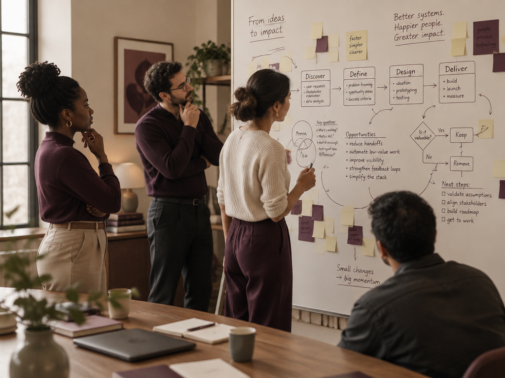 A team mapping out a complex process workflow on a whiteboard